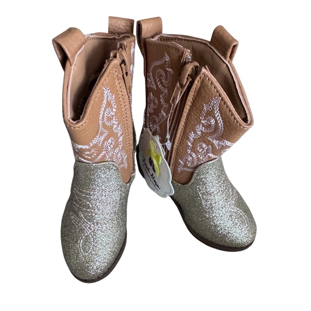 First Steps Glittery Western Boots Tan and Pink with Gold Glitter - Toddler 4